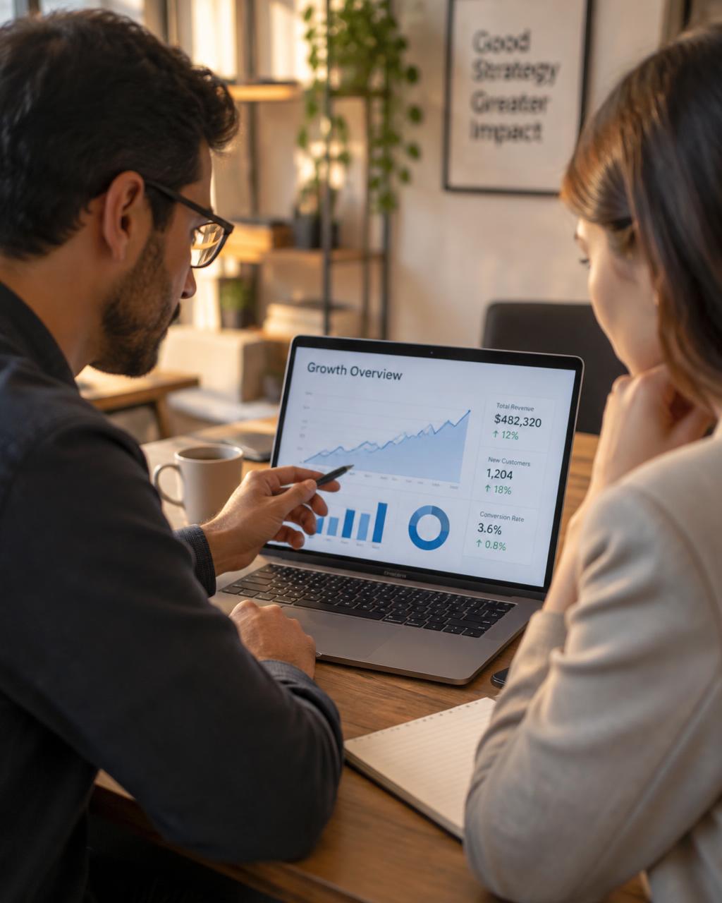 Dos consultores revisando un panel de crecimiento en una laptop
